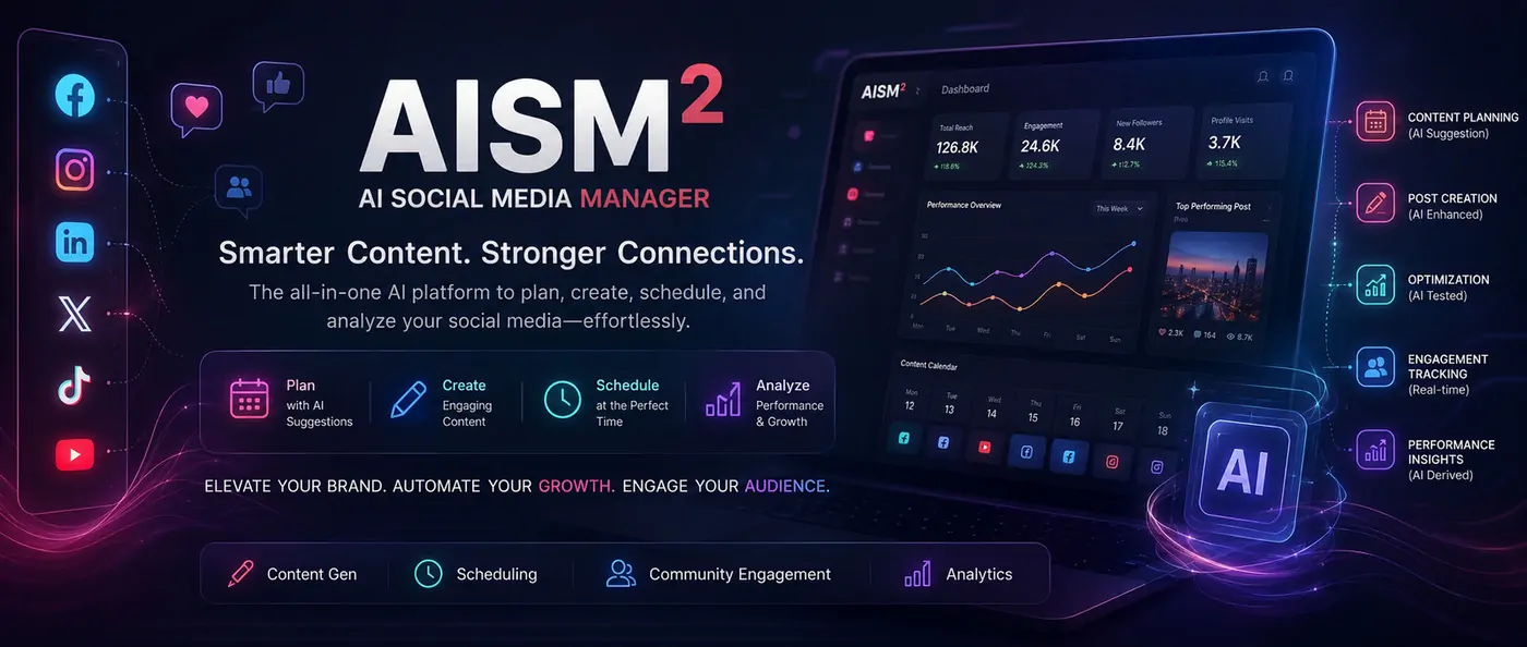 AISM² banner: AI Social Media Manager, smarter content, stronger connections