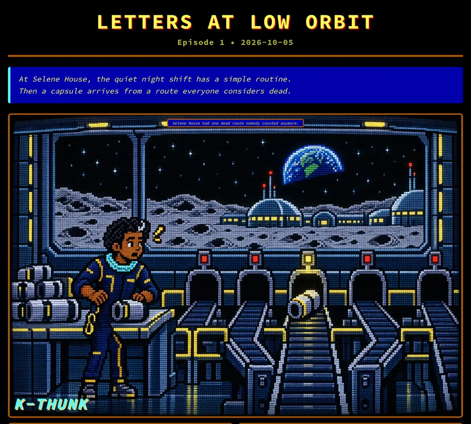 Letters at Low Orbit: pixel art of a lunar mail station with Earth in the window