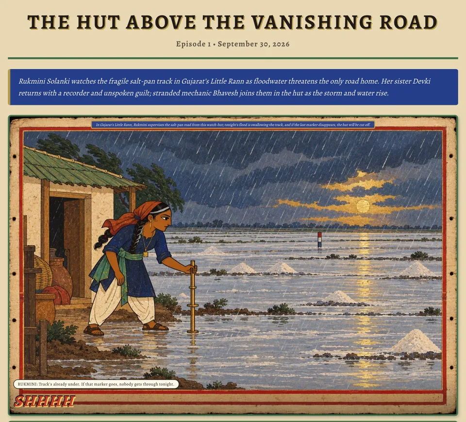 The Hut Above the Vanishing Road: a woman watching a monsoon over salt flats
