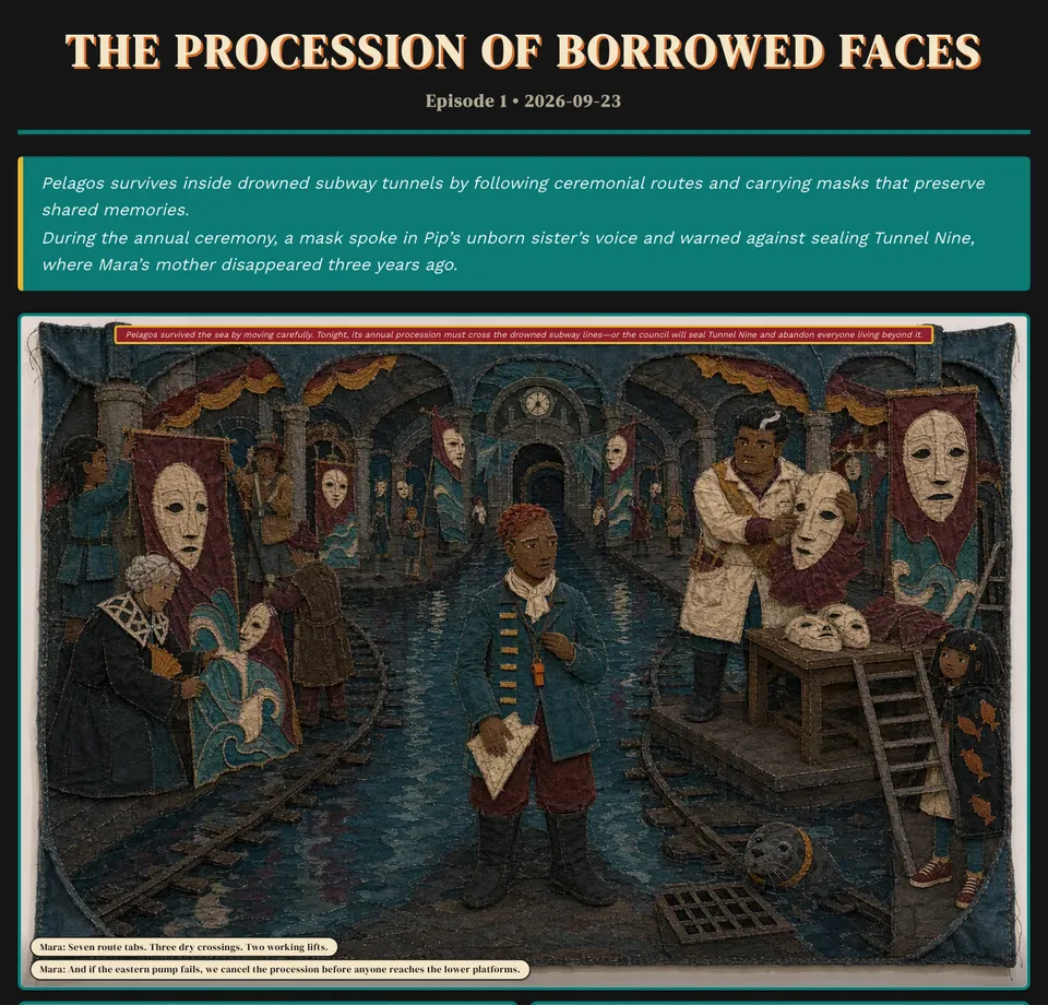 The Procession of Borrowed Faces: masked figures in a drowned subway tunnel
