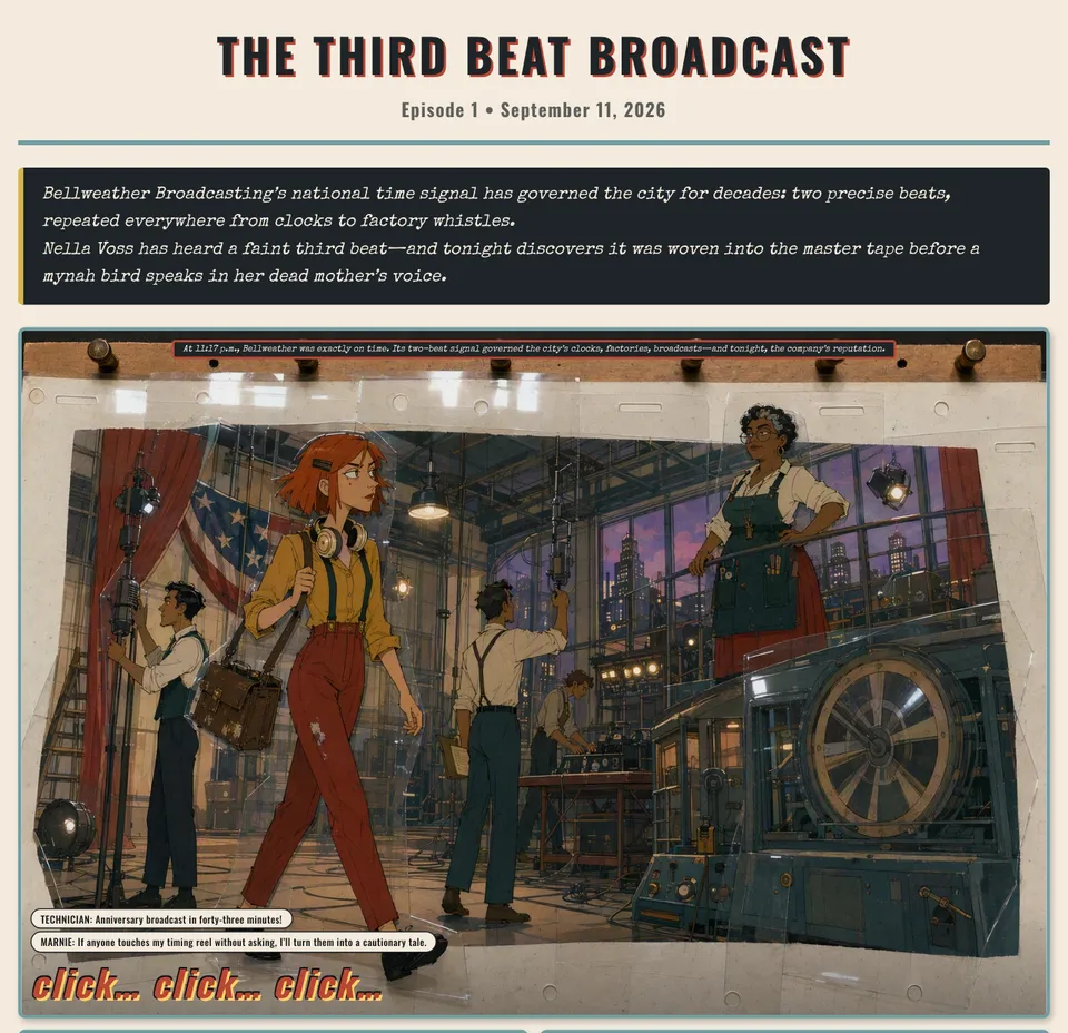 The Third Beat Broadcast: a busy radio station in golden-age poster colours