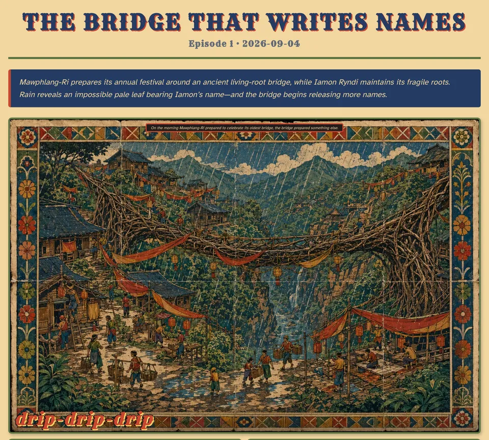 The Bridge That Writes Names: a chromolithograph-style riverside scene