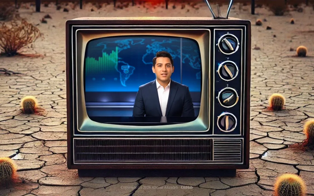 GenBox's retro TV in the desert, with an AI-generated news anchor in front of a world map