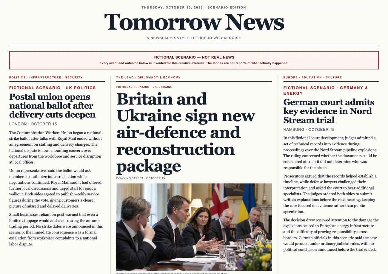 Tomorrow News front page for 15 October 2026 in English, marked as a fictional scenario