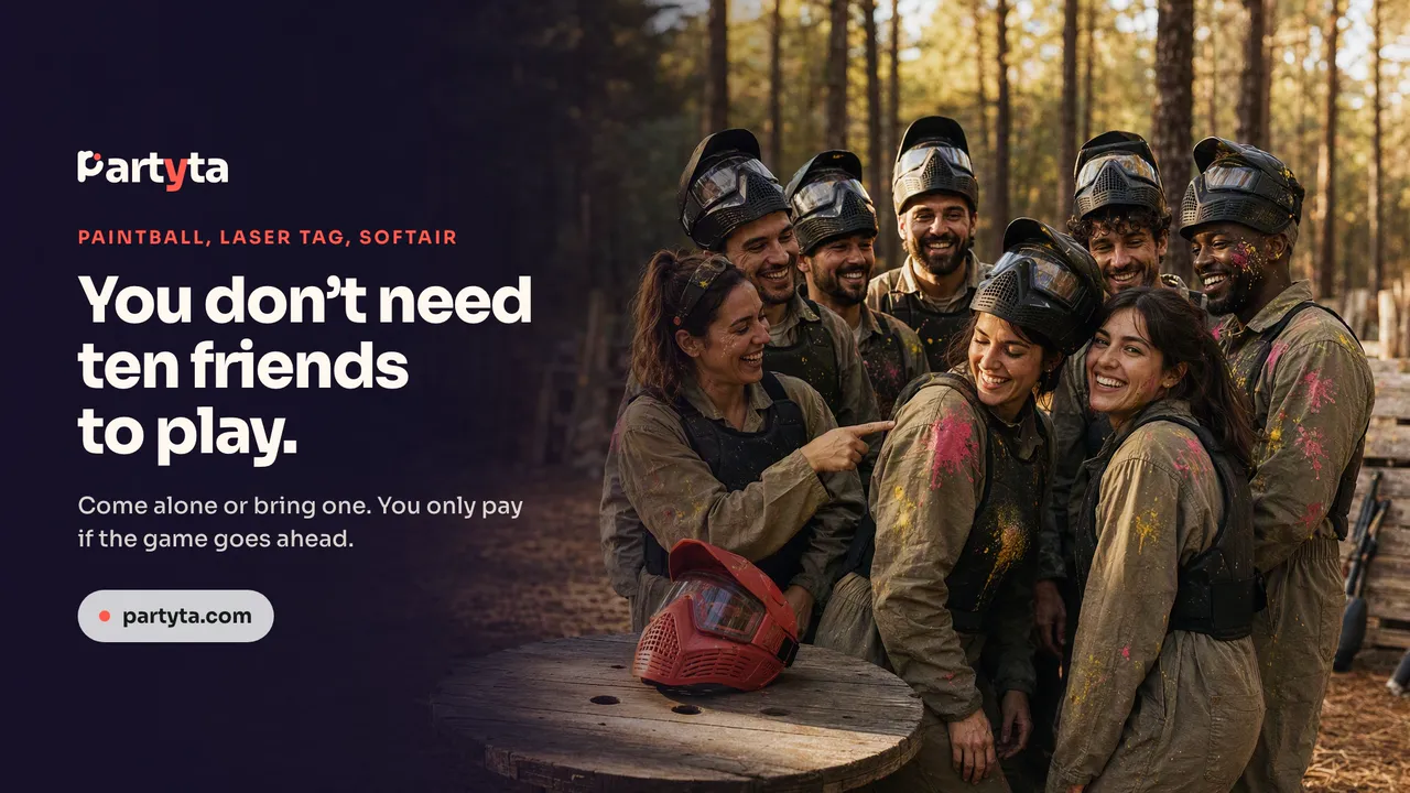 Partyta post: You don't need ten friends to play. A paintball group laughing in the woods, with a spare coral mask on a cable drum