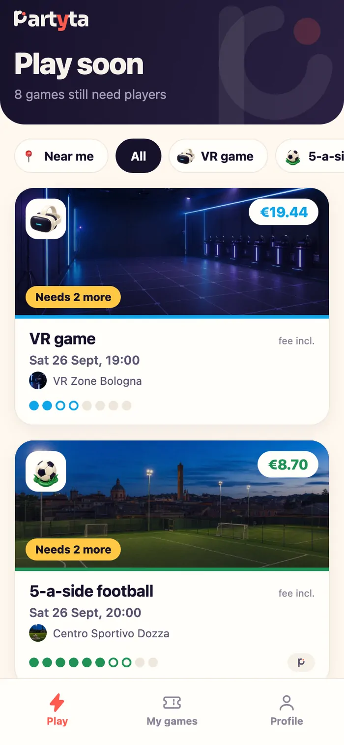Partyta player feed with VR and five-a-side games that need more players