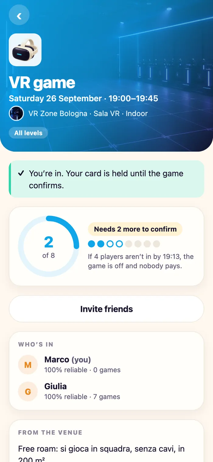 A Partyta game page showing the card is only held until the game is confirmed