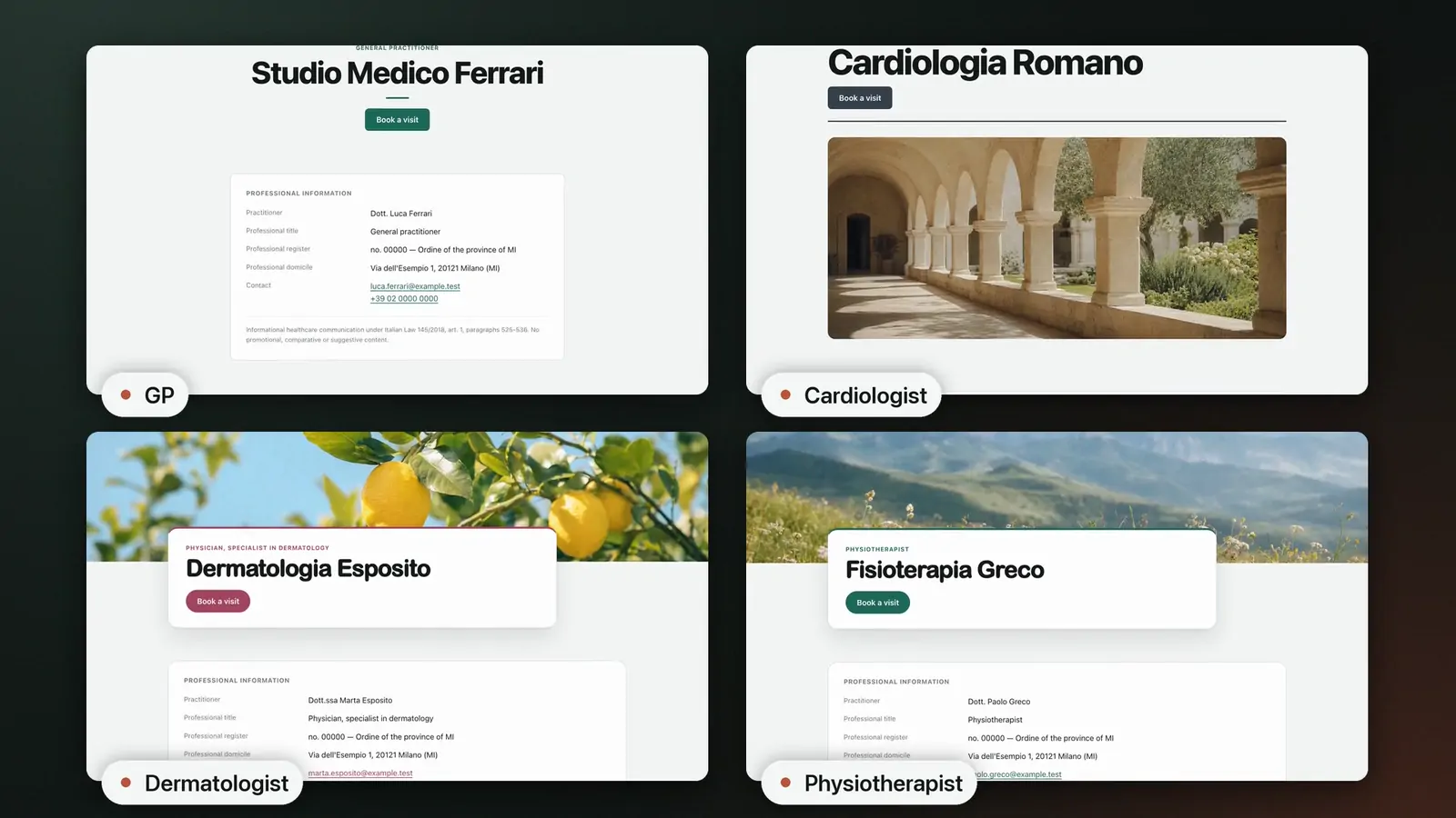 Four practice websites for a GP, a cardiologist, a dermatologist and a physiotherapist