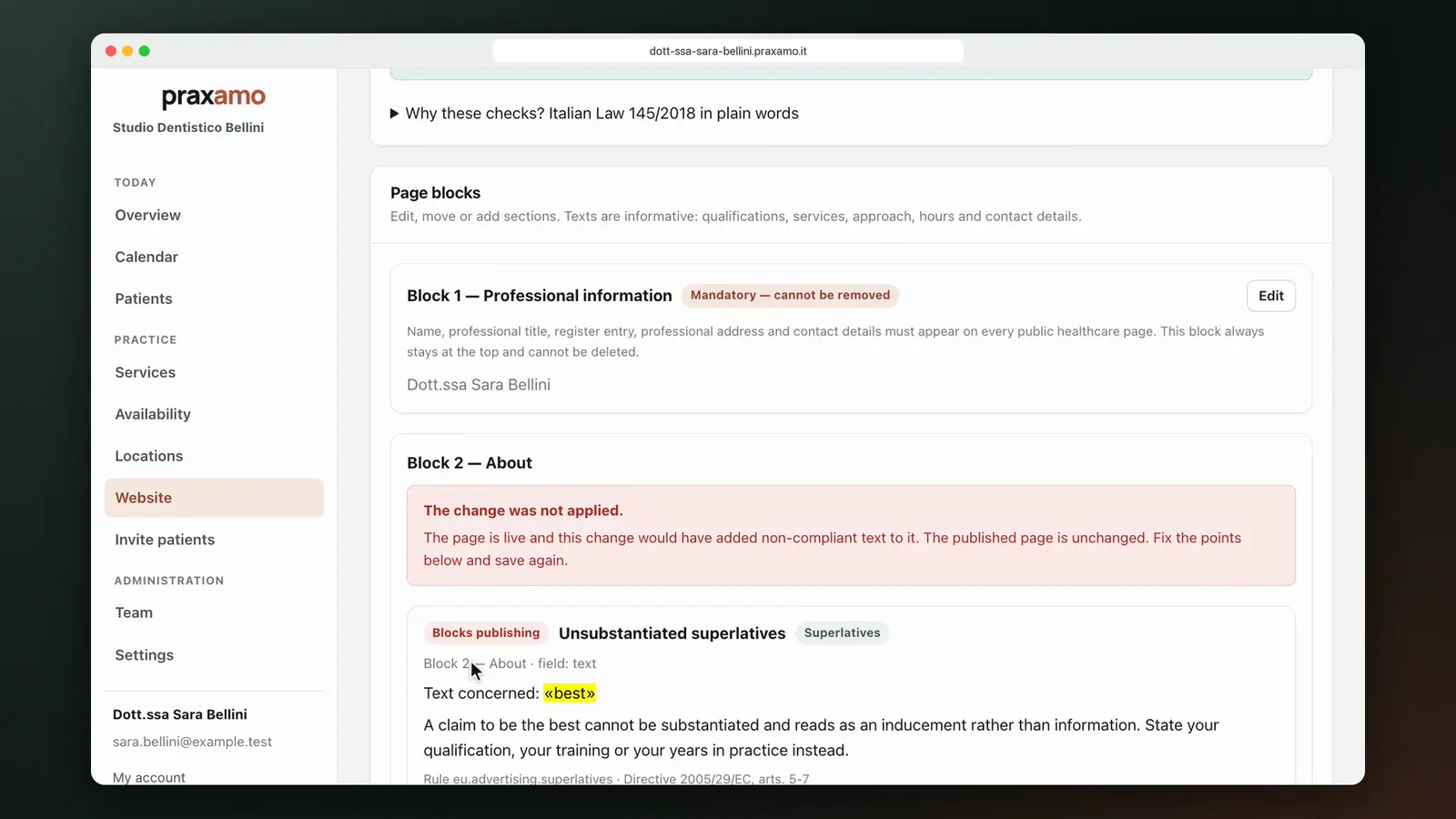 The Praxamo console refusing an unsubstantiated superlative in a page block