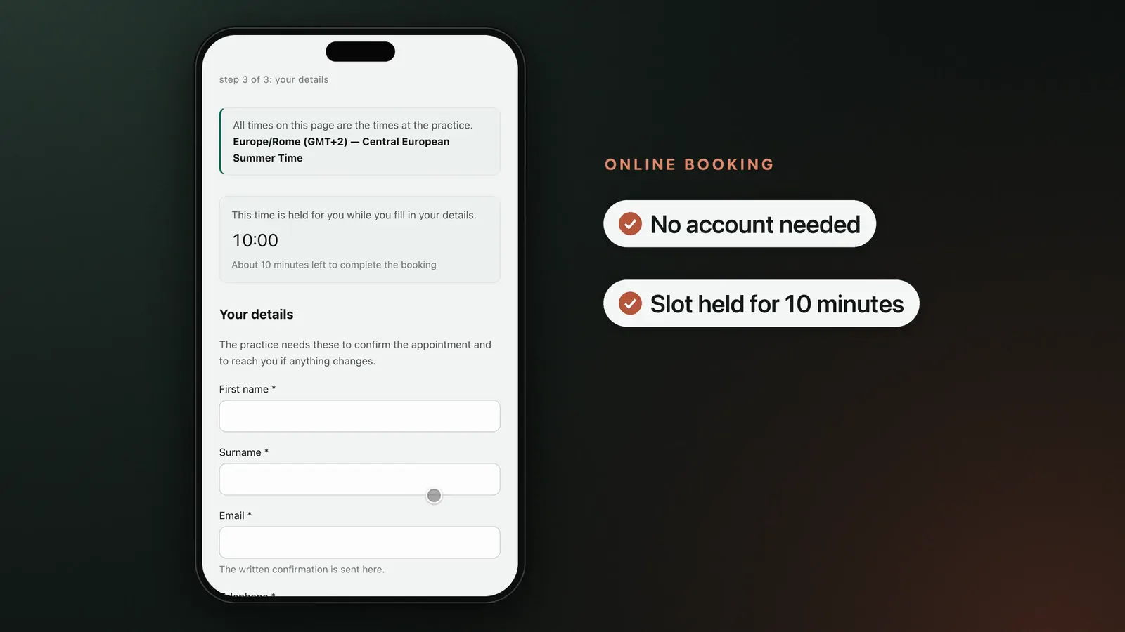 Booking on a phone: no account needed, slot held for ten minutes
