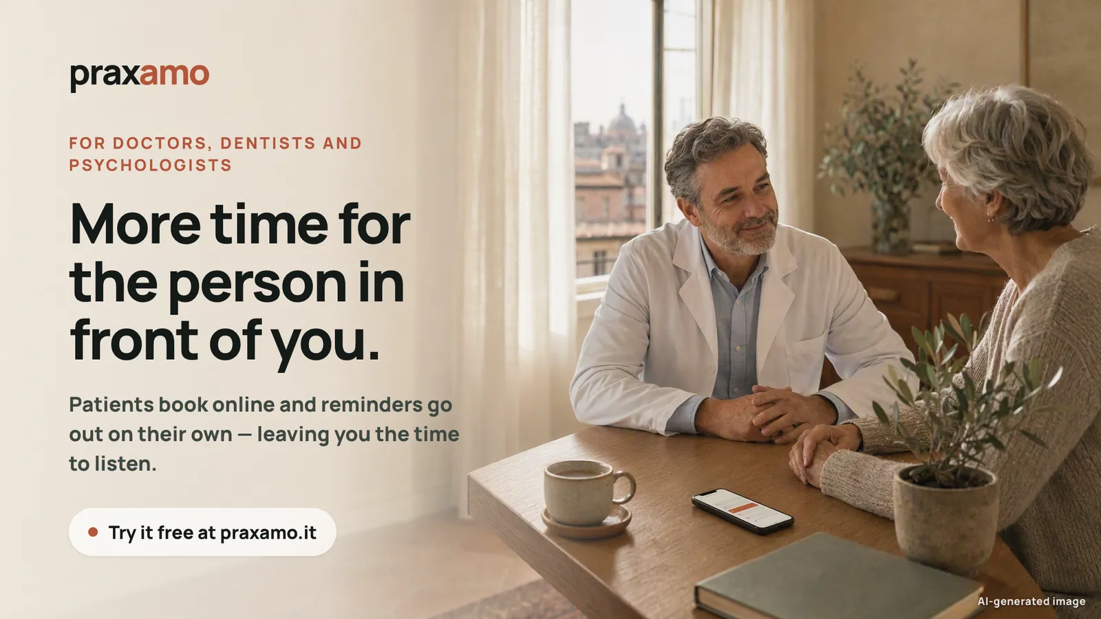 Praxamo poster: More time for the person in front of you. A doctor talking with an older patient at a sunny table