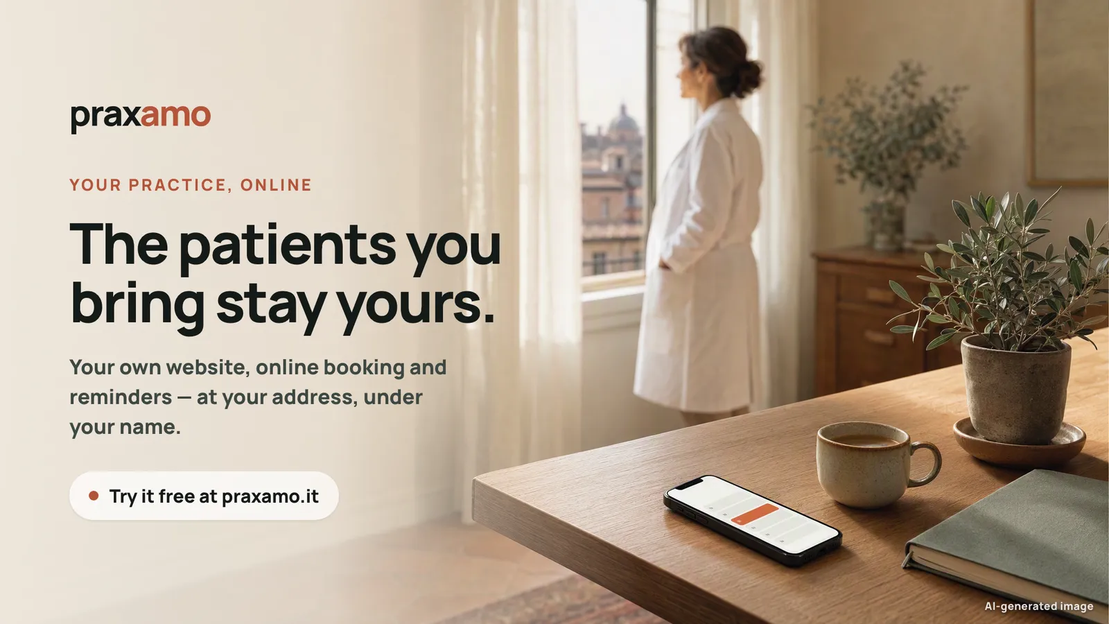 Praxamo banner: The patients you bring stay yours. A doctor by a sunny window, a phone with a booking on the desk