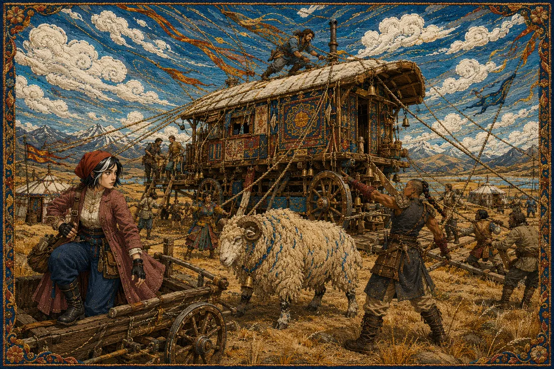 A ComicBook panel from The Moving House at Saffron Mile: a painted caravan, a woolly ram and travellers under a swirling sky