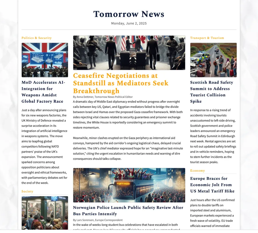 Tomorrow News in June 2025: a clean newspaper page with a lead story about ceasefire talks