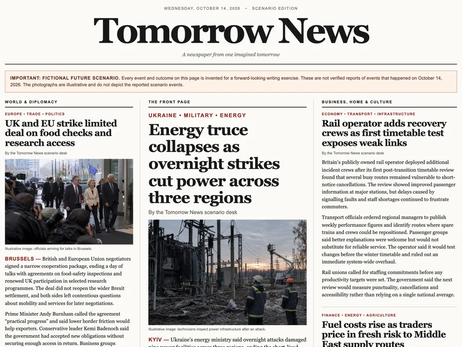 Tomorrow News for 14 October 2026, a full broadsheet with a fictional scenario banner